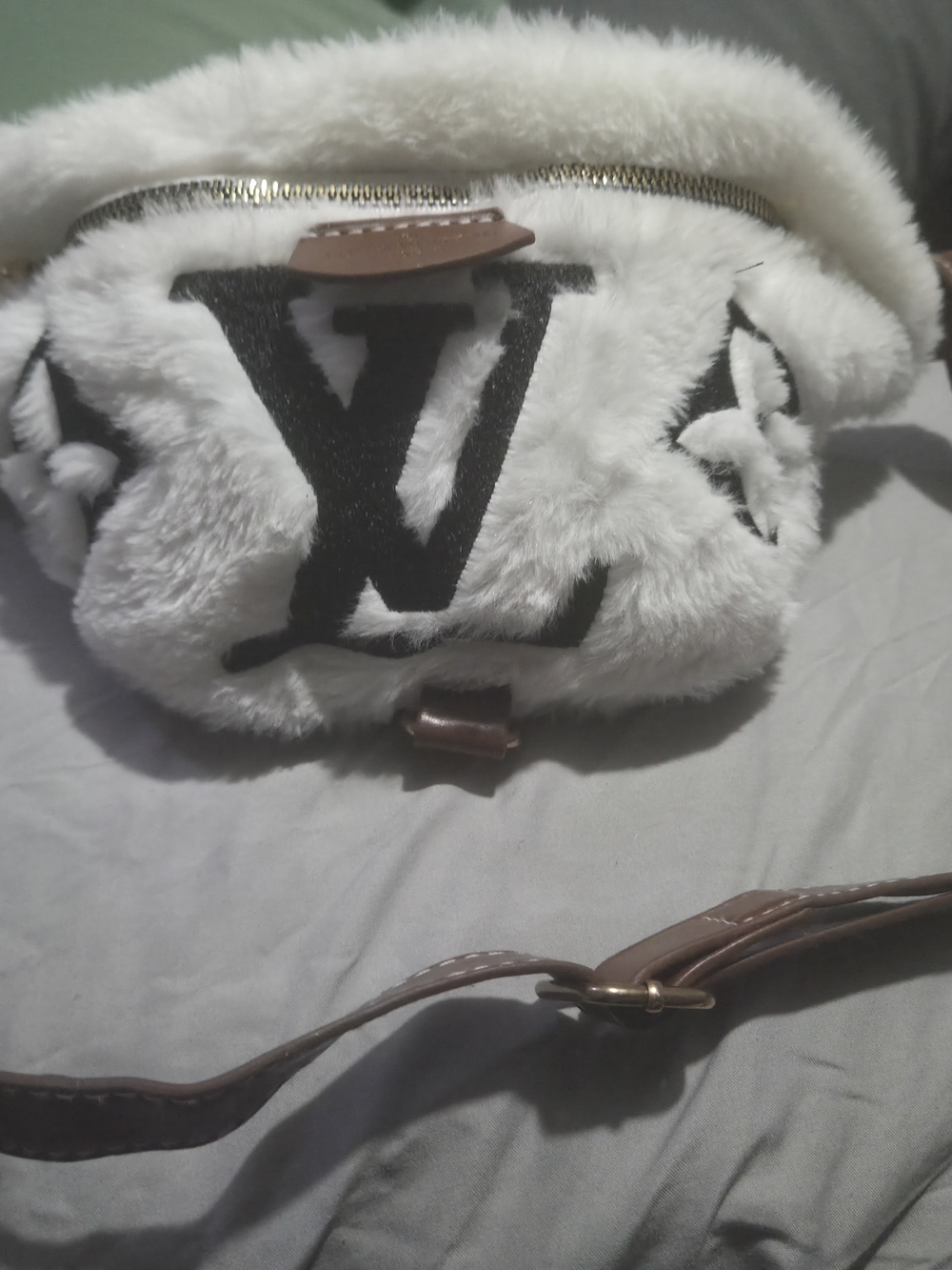 Louis Vuitton White Faux Fur Monogram Belt Bag with Brown Leather Strap